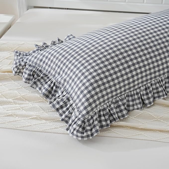 Grey/White Plaid Ruffled Checkered Body Pillow Sham 20x54 inches 1 Piece - Image 4