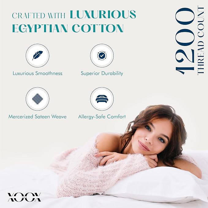 XOOX Linen 100% Egyptian Cotton Queen Pillow Cases Set of 2 - Image 2
