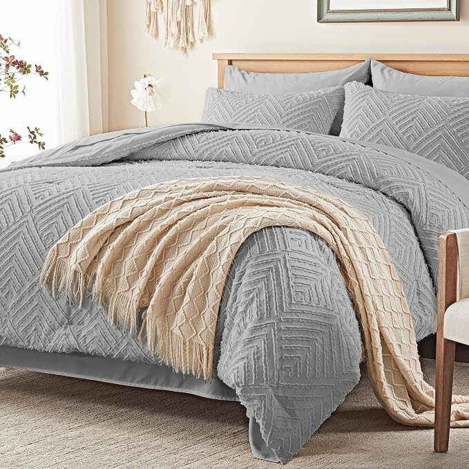 Zzlpp Twin Comforter Set 5 Pieces, Light Grey Tufted Bed in a Bag - Image 2