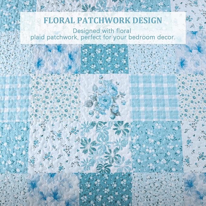 Mybedsoul Blue Patchwork Queen Size Quilt, Soft Boho Floral Spring Bedspreads - Image 4