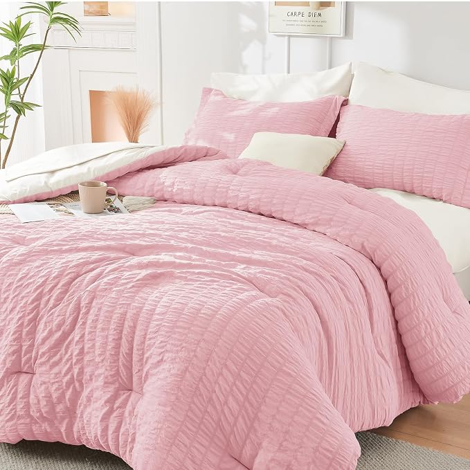 HYMOKEGE Pink/Ivory California King Comforter Set Seersucker 7 Pieces, All by HYMOKEGE