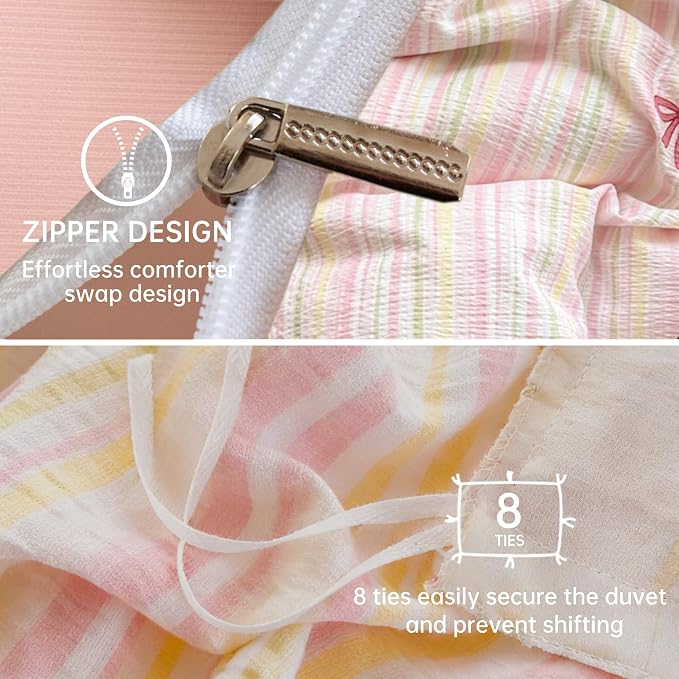 BOLINLIVING Pink Bow Duvet Cover King Size, Girls Cute Striped Bowknot Yellow - Image 4