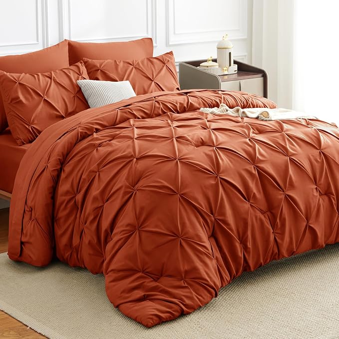 CozyLux Queen Comforter Set Burnt Orange, 7 Pieces Pintuck Bed in A Bag Premium - Image 4