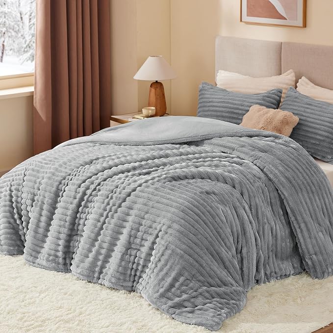 BEDELITE Fleece Queen Comforter Set -Super Soft & Warm Fluffy Light Grey Bedding - Image 2