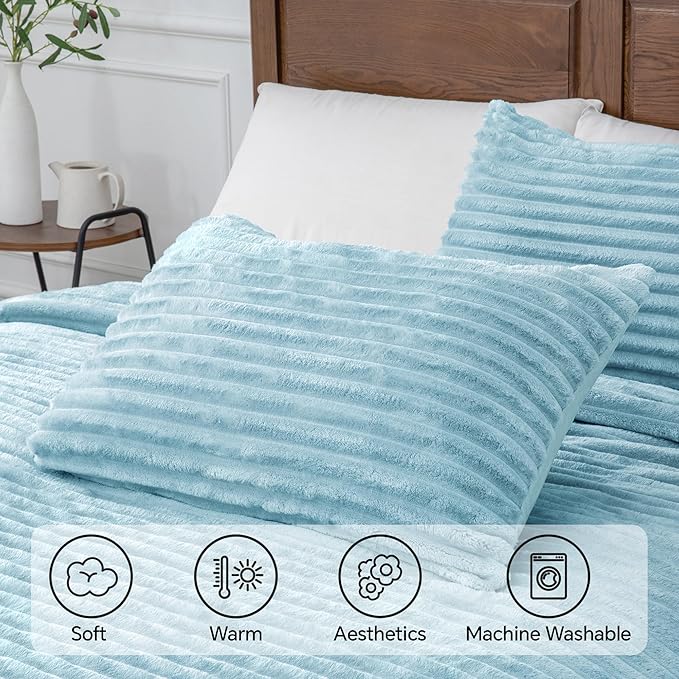 BEDELITE Fleece King Comforter Set -Super Soft & Warm Fluffy Light Blue Bedding - Image 5