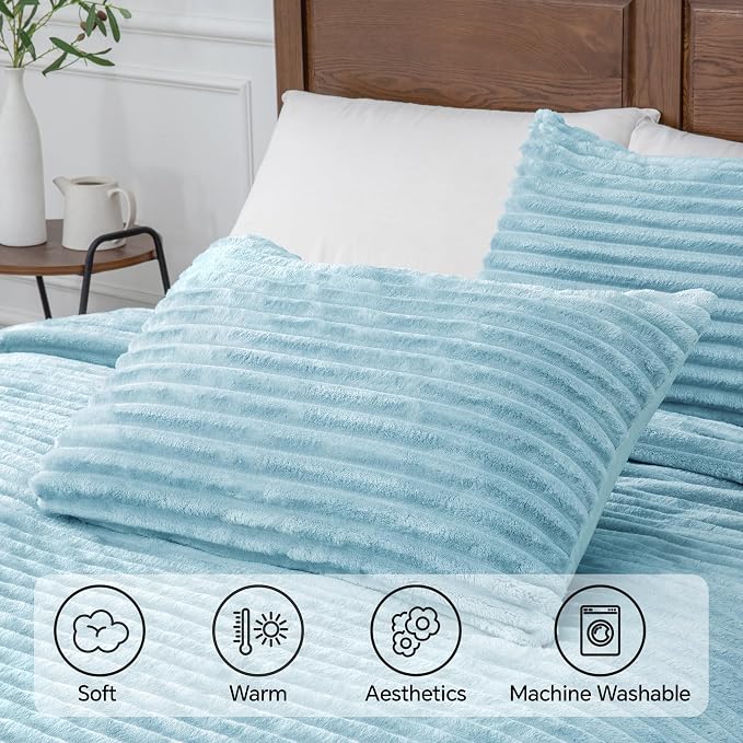 BEDELITE Fleece Twin Comforter Set -Super Soft & Warm Fluffy Light Blue Bedding - Image 5