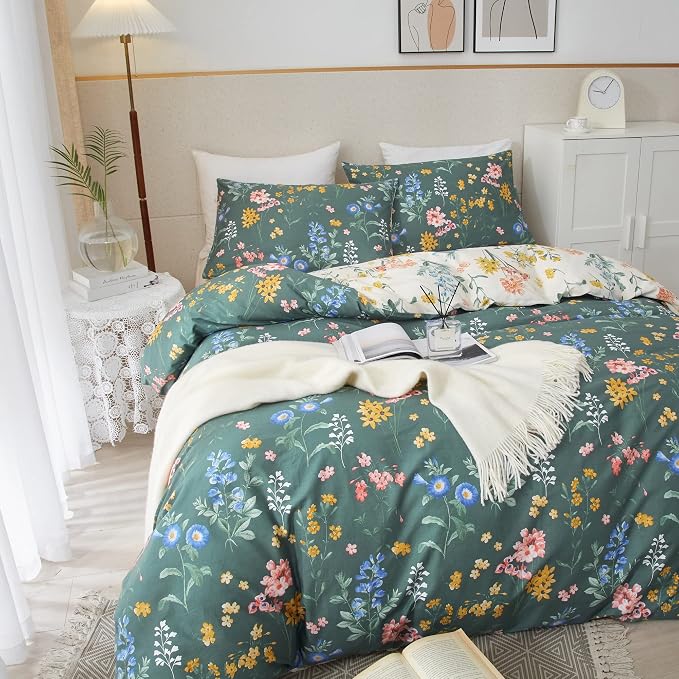 PinkMemory Green and White Floral Duvet Cover King 100% Cotton Reversible Green - Image 4