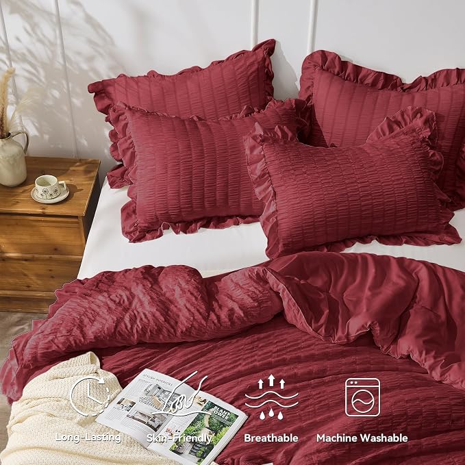 JOLLYVOGUE King Size Comforter Set, 3 Pieces Burgundy Seersucker Comforters - Image 2