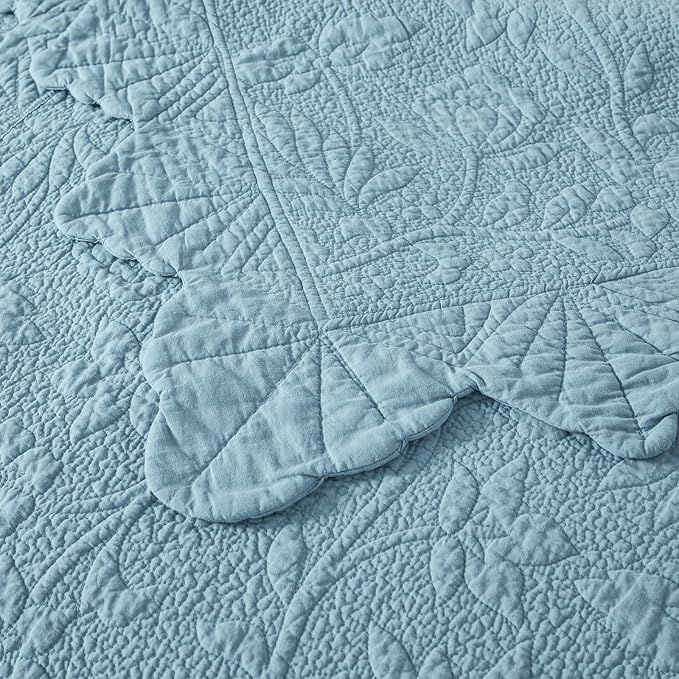 Brandream Luxury 100% Cotton Quilt Set Queen Size Blue Floral Vine Matelasse - Image 8