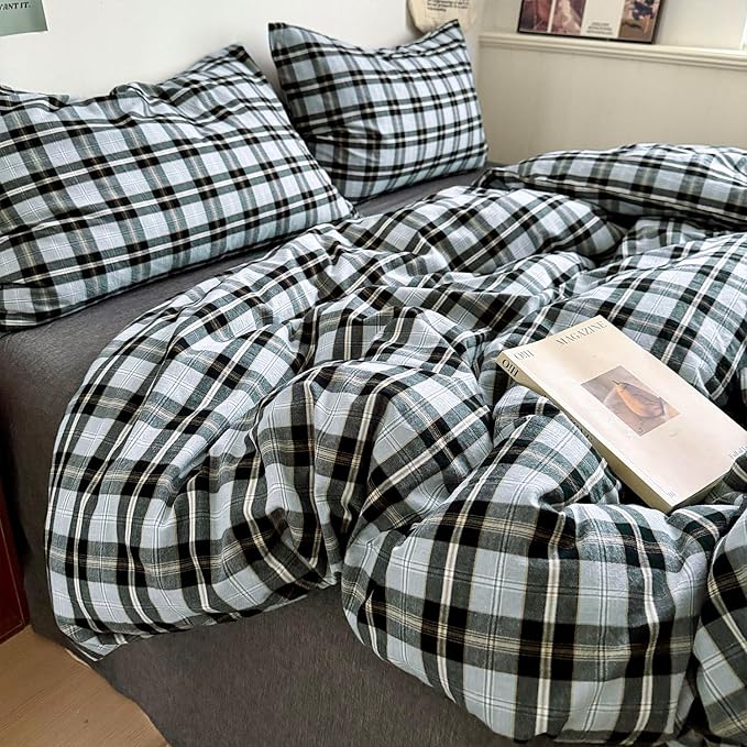 mixinni Vintage Grey & Pale Blue Buffalo Plaid Duvet Cover Set Queen Size - Image 6