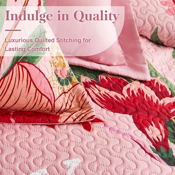 Tyrot 3 Piece Pink Boho Floral King Size Quilt Sets Farmhouse Botanical - Image 4