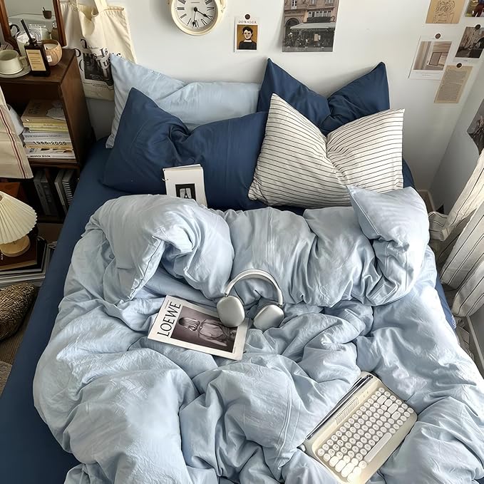 mixinni 100% Washed Cotton Duvet Cover Set King Size, Solid Light Blue Ocean by mixinni