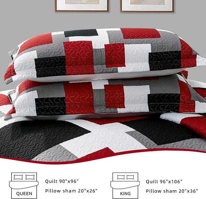Tyrot 3 Piece Red Black Grey Quilt Set California King Size Red White Geometric - Image 7
