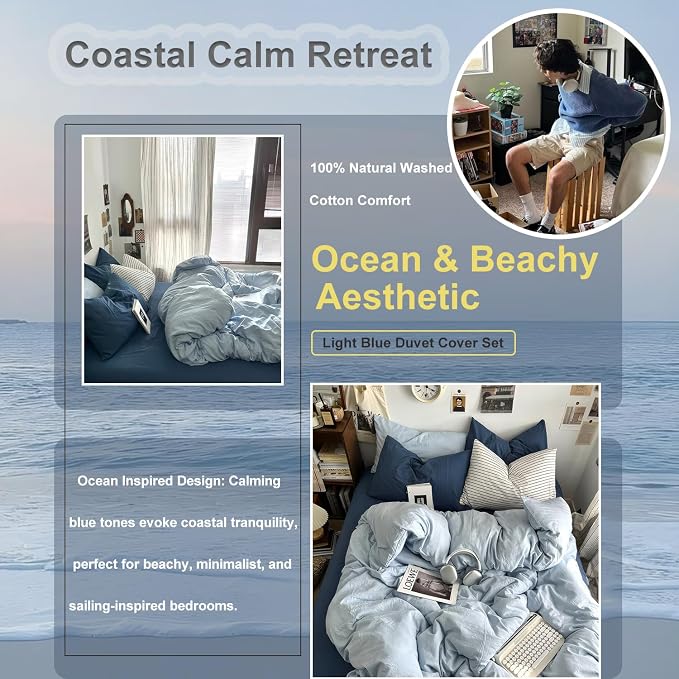 mixinni 100% Washed Cotton Duvet Cover Set King Size, Solid Light Blue Ocean - Image 6