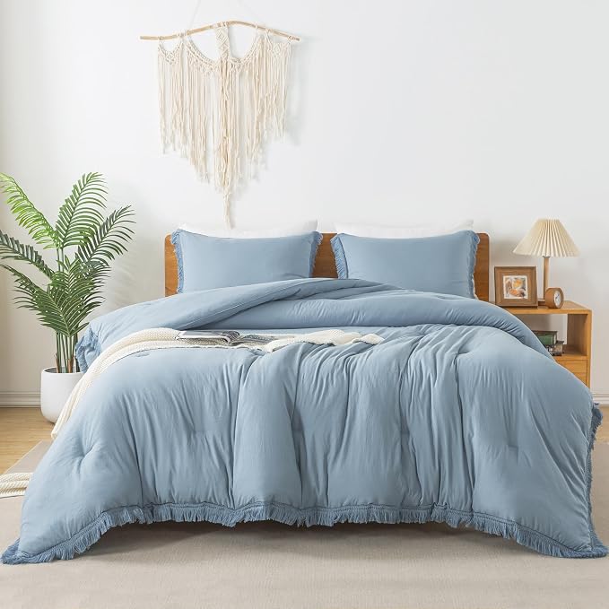 Andency Grayish Blue Comforter Set Queen Size, 3 Pieces Boho Tassel Lightweight - Image 7