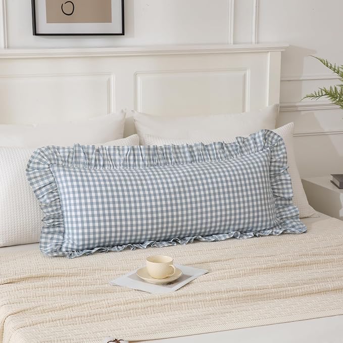 Light Blue/White Ruffled Long Lumbar Gingham Pillow Sham 14x36 inches 1 Piece by Qilunn