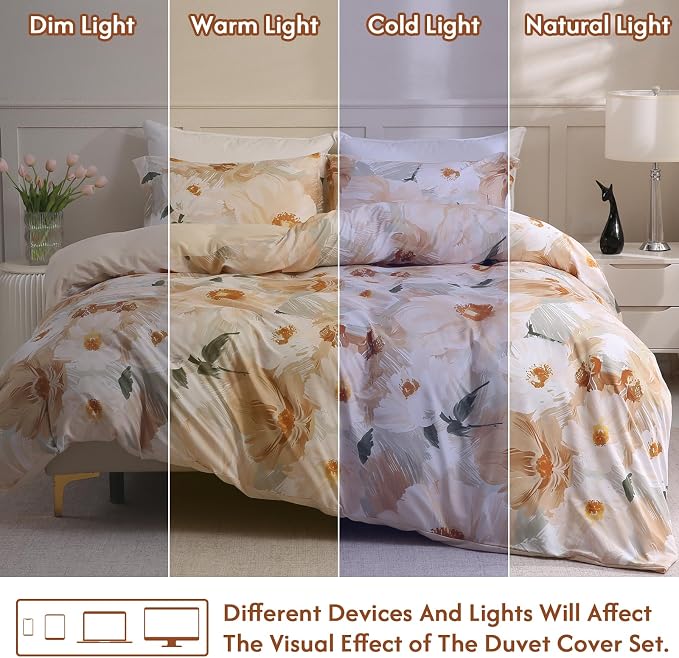 LONAVA Queen Flower 3 Pcs Duvet Cover Set, Breathable Soft Microfiber Biege - Image 5