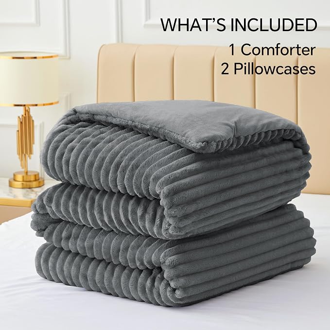 BEDELITE Fleece King Comforter Set -Super Soft & Warm Fluffy Grey Bedding - Image 6