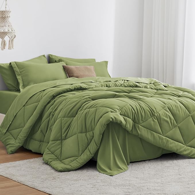 Love's cabin Queen Comforter Set Olive Green, 7 Pieces Queen Bed in a Bag by Lovescabin