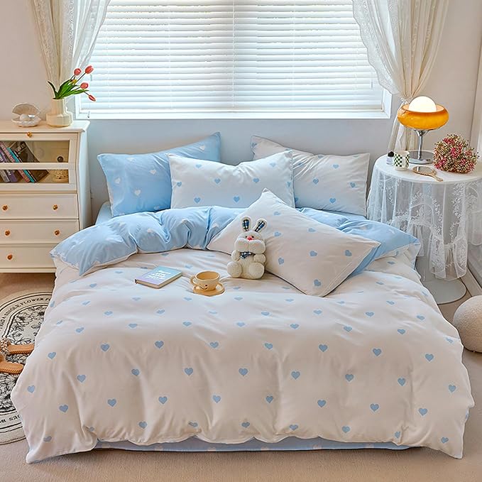 BOLINLIVING Cute Duvet Cover Queen Size, Reversible Light Blue & White Heart by BOLINLIVING