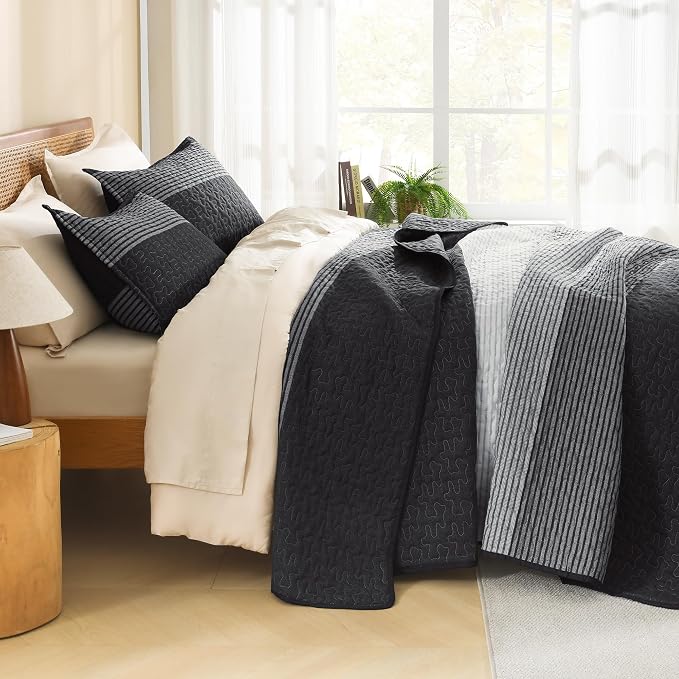Litanika Oversized King Quilt Set Black and White, 120x120 Stripe Bedspread - Image 2