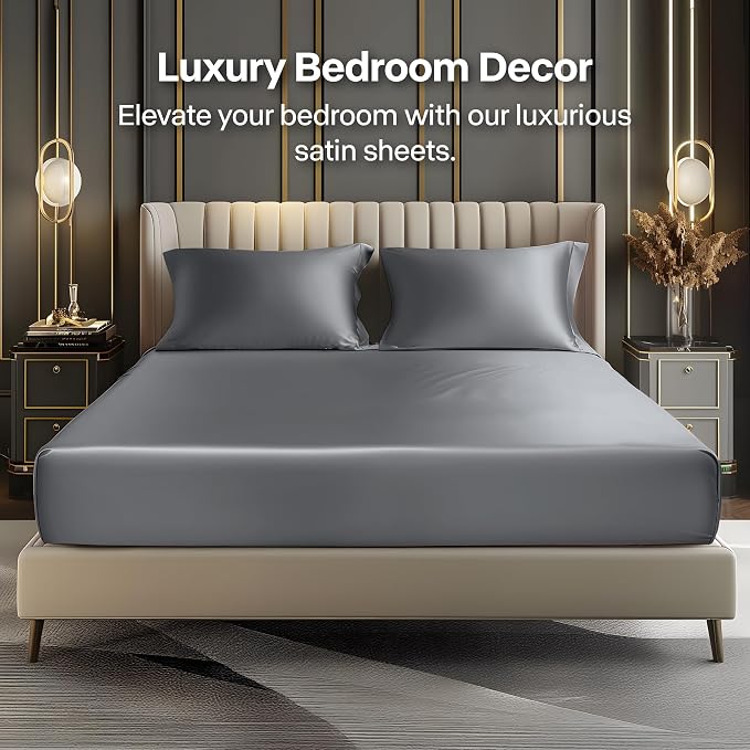 BEDELITE Satin Fitted Sheet and Pillowcases Set, Soft Similar to Silk Bottom - Image 2