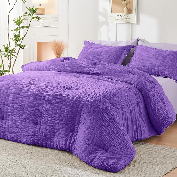 HYMOKEGE Dark Purple/Lavender California King Comforter Set Seersucker 7 Pieces - Image 8