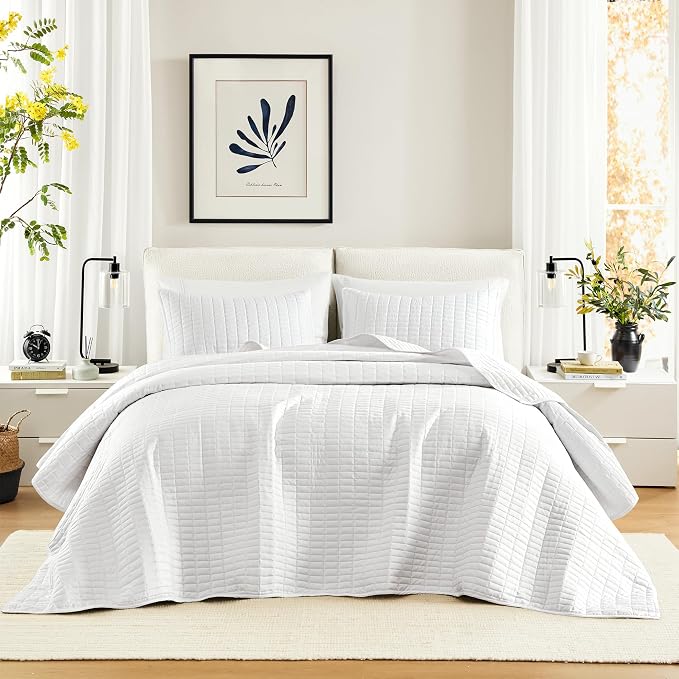 Comfort Spaces White Oversized Queen Quilt Set 102"x118" Bedspread Quilted by ComfortSpaces