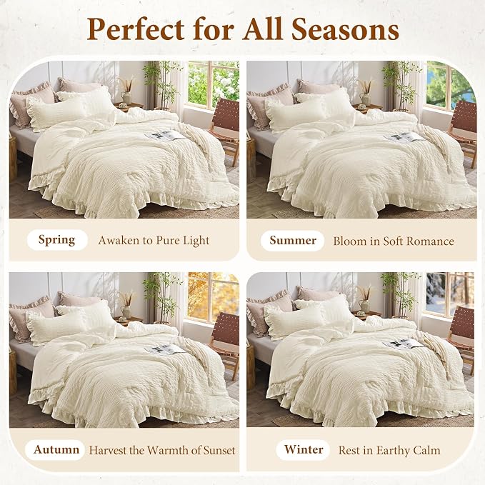 JOLLYVOGUE Ivory Comforter Full Size, 3 Pieces Seersucker Lightweight Full Size - Image 6