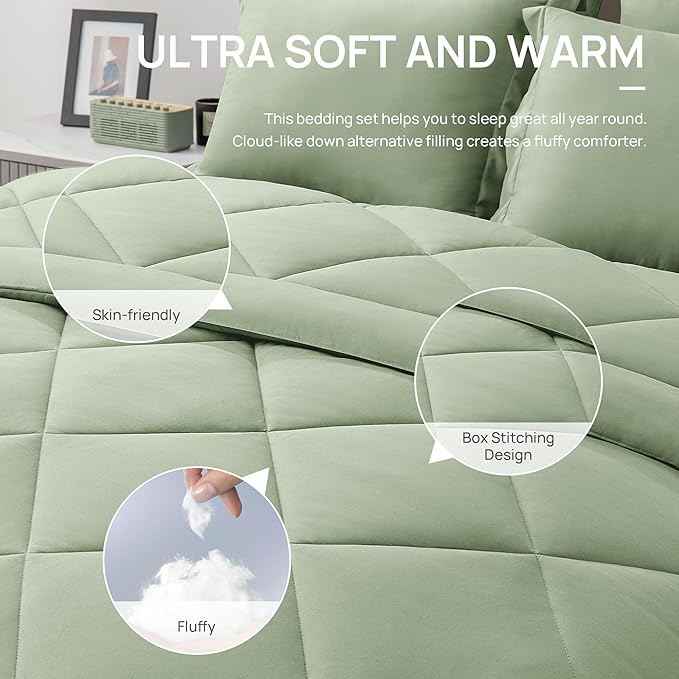 Love's cabin Full Comforter Set Sage, 7 Pieces Full Bed in a Bag, All Season - Image 5