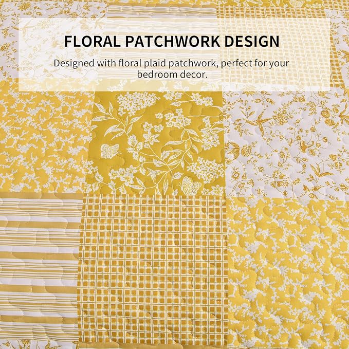 Mybedsoul Yellow Boho Quilt Set King Size, 3 Pieces Plaid Floral Bedspread - Image 7