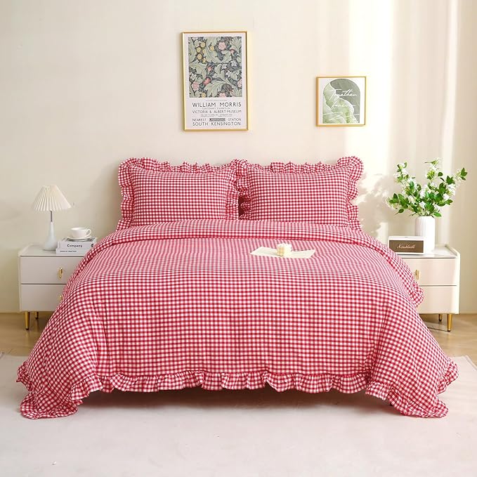 Silnuo Red/White Checkered Ruffle 3-Piece Duvet Cover Set King Size, Washed - Image 2