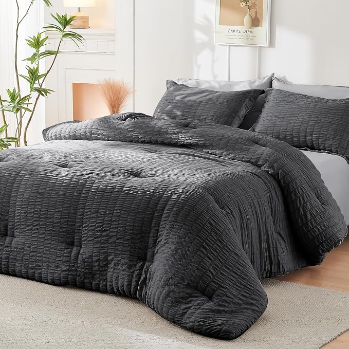HYMOKEGE Dark Grey/Light Grey Queen Comforter Set Seersucker 7 Pieces, All - Image 8