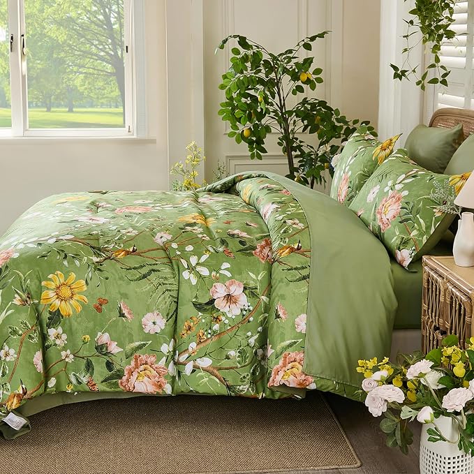 Yiran Sage Green Hibiscus Floral Comforter Set King Size, 7 Piece Bird Flowers - Image 6