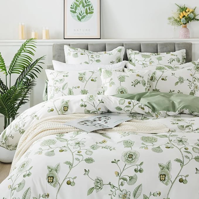 FADFAY Green Duvet Cover Set Queen Floral Bedding 100% Cotton Shabby Vintage - Image 8