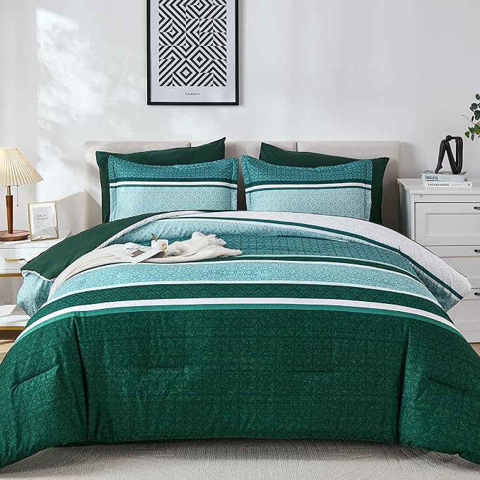WONGS BEDDING 7 Pieces Comforter Set Queen Size, Emerald Green Boho Soft - Image 2