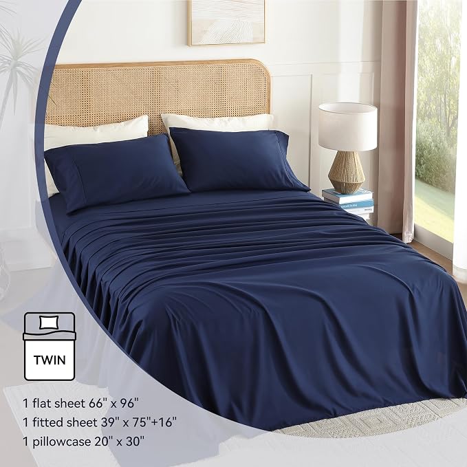 Twin Sheet Set 3 Piece, Wrinkle Free, Oeko-Tex Certified Bedsheets，Navy Blue - Image 6