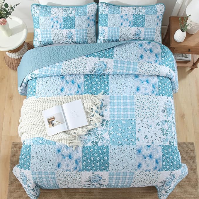Mybedsoul Blue Patchwork Queen Size Quilt, Soft Boho Floral Spring Bedspreads - Image 5