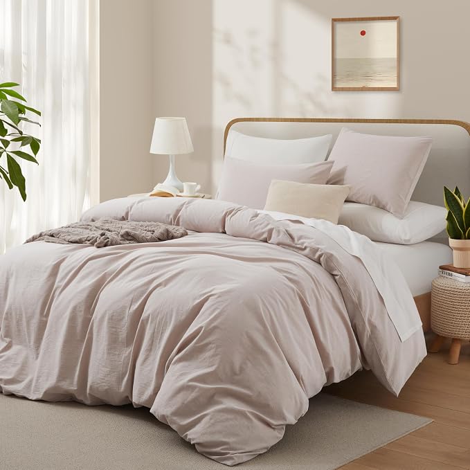 LOVQUE 100% Washed Cotton Duvet Cover Set King Size, Linen Like Natural Bedding - Image 2