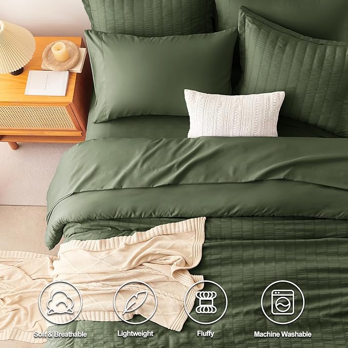 CozyLux Queen Comforter Set Olive Green Seersucker 7 Pieces Bed in a Bag Queen - Image 2