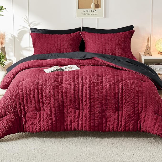 HYMOKEGE Red & Black King Size Comforter Set Seersucker 7 Pieces, All Season - Image 8
