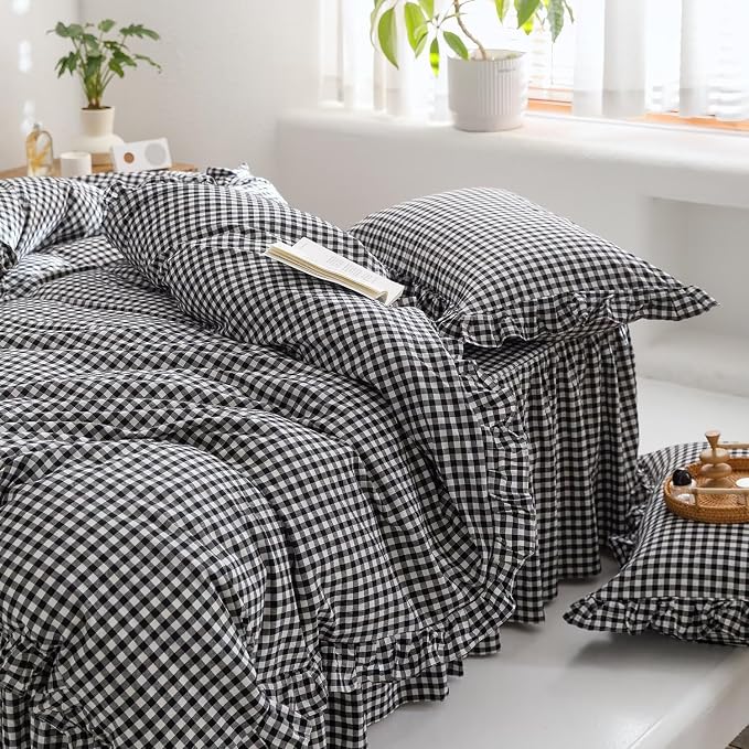 mixinni Black White Gingham Ruffle Duvet Cover Twin XL Size 3 Pieces – 100% - Image 4