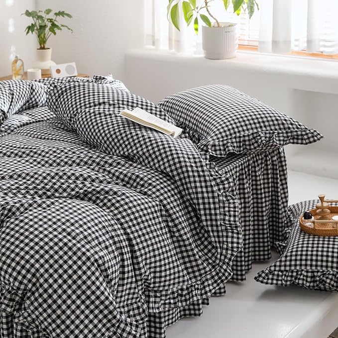 MKXI Black and White Gingham Duvet Cover Full, 3-Piece Ruffled Bedding Set - Image 4