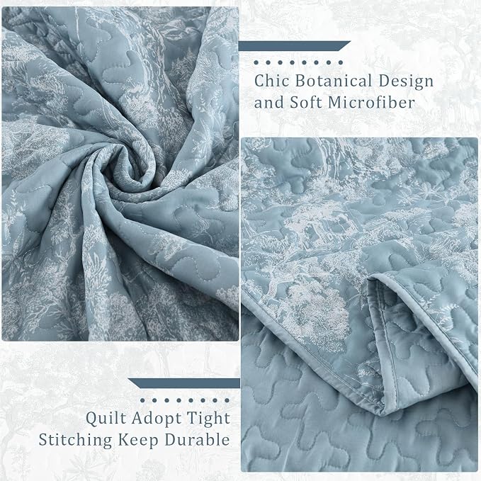 WONGS BEDDING Botanical Quilt Set King Size, Aqua 3 Pieces Toile Floral Plants - Image 6