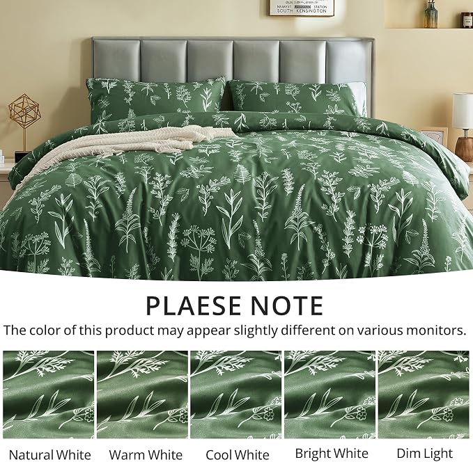 MUXHOMO Duvet Cover Queen Size, Reversible Floral Dark Green Duvet Cover Set - Image 4