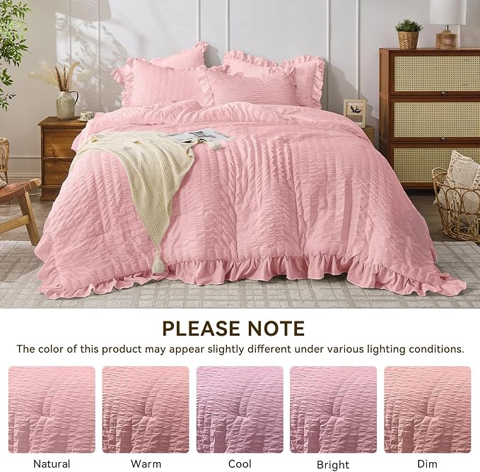 JOLLYVOGUE Pink Twin Size Comforter Set, 2 Pieces Seersucker Lightweight Fluffy - Image 8
