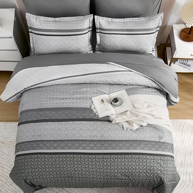 WONGS BEDDING Grey Comforter Set King Size, 7 Pieces Striped Bed in a Bag - Image 4