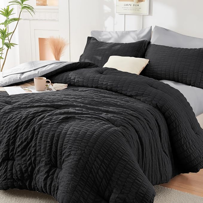 HYMOKEGE Black/Light Grey Full Size Comforter Sets Seersucker 7 Pieces by HYMOKEGE