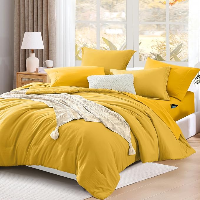 WRENSONGE Queen Comforter Set- 7 Pieces Soft Yellow Bed in a Bag Queen by WRENSONGE