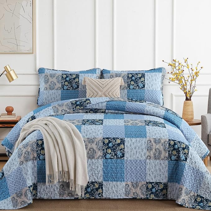 Xruibed Blue Quilt Set King Size 3 Pieces Plaid Floral Boho Bedspread Coverlet by Xruibed
